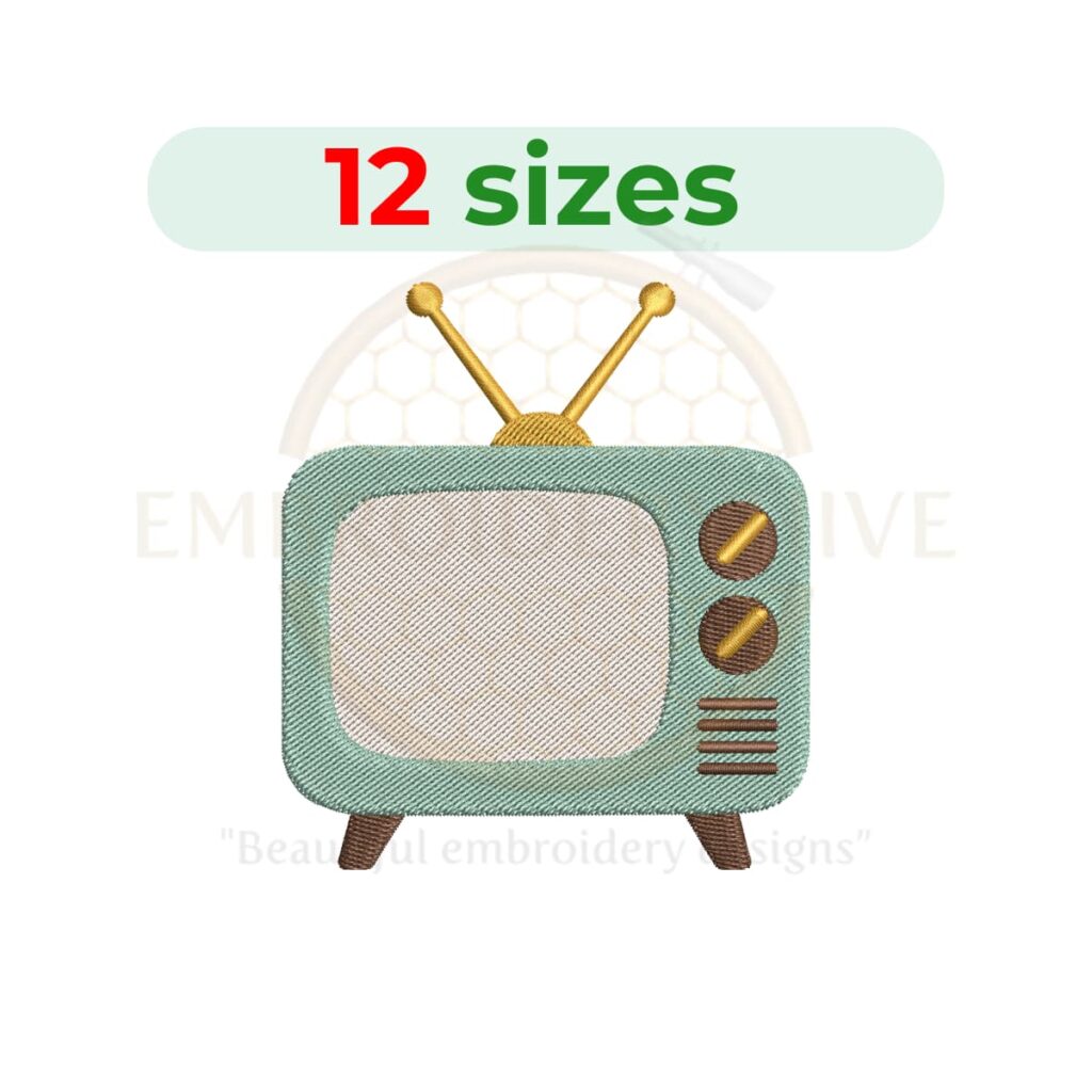 Retro television machine embroidery design featuring a vintage TV illustration in sizes from 2 to 7.5 inches, perfect for nostalgic embroidery projects and instant digital download.