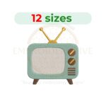 Retro television machine embroidery design featuring a vintage TV illustration in sizes from 2 to 7.5 inches, perfect for nostalgic embroidery projects and instant digital download.