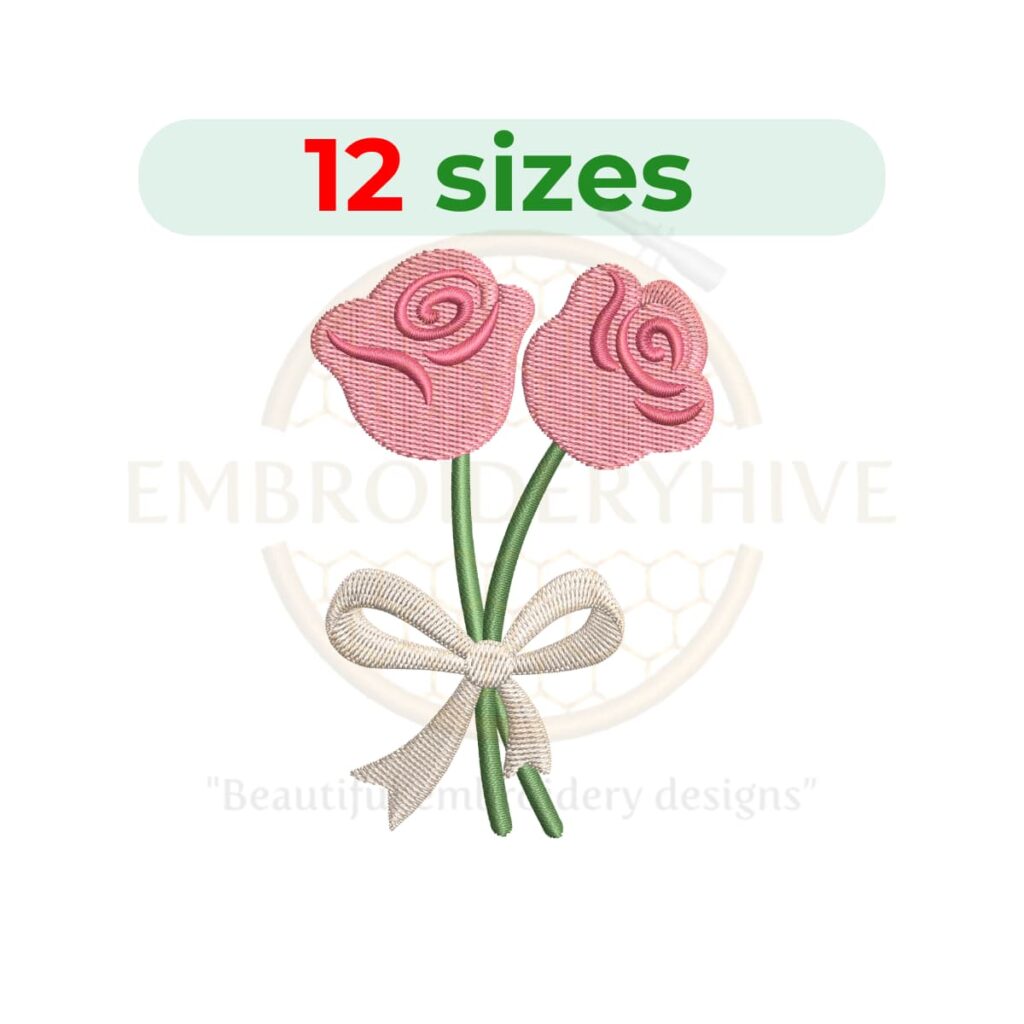 Rose with bow embroidery design for machine embroidery featuring an elegant floral rose tied with a decorative bow, available as an instant digital download.