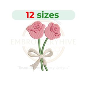 Rose with bow embroidery design for machine embroidery featuring an elegant floral rose tied with a decorative bow, available as an instant digital download.