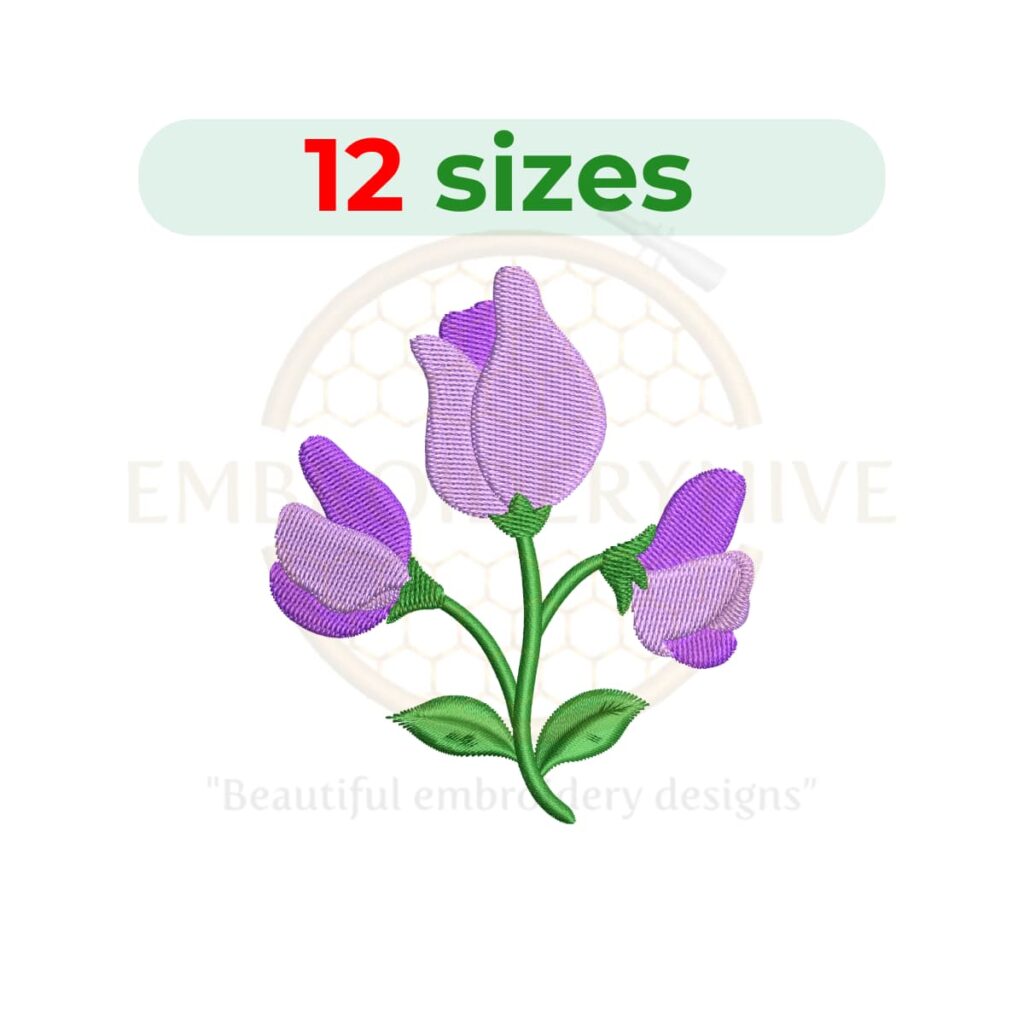 Sweet pea flower embroidery design featuring elegant blooming sweet pea flowers with delicate petals and leafy stems in a machine embroidery pattern.