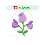 Sweet pea flower embroidery design featuring elegant blooming sweet pea flowers with delicate petals and leafy stems in a machine embroidery pattern.