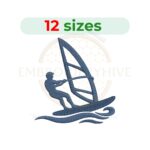 Wind surfer machine embroidery design featuring a person surfing with a sail, digital instant download embroidery file in multiple sizes and formats.