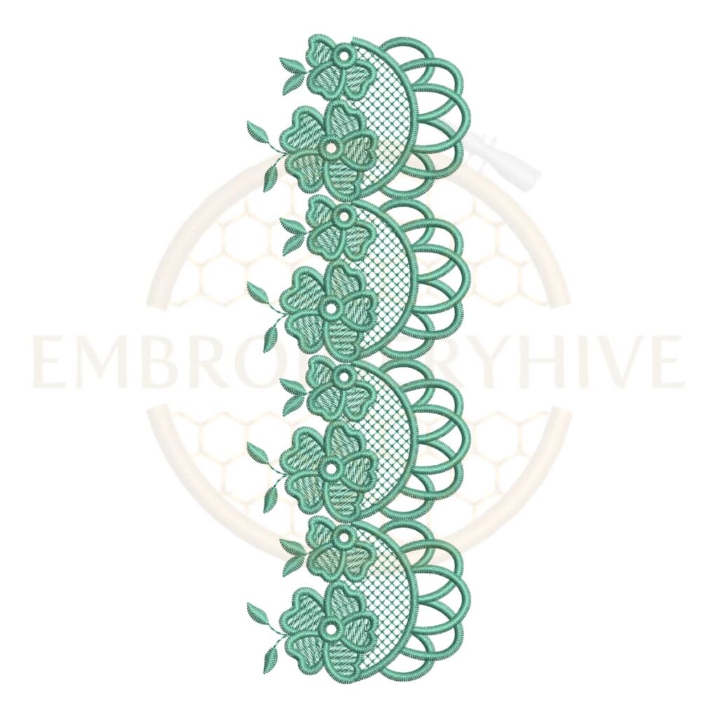 Clover Blossom Lace border embroidery design for machine embroidery, instant download digital floral lace border pattern for home décor and clothing projects.
