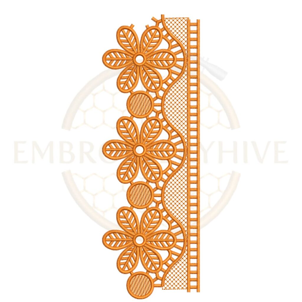 Daisy Mesh Lace border embroidery design for machine embroidery, instant download digital floral mesh lace border pattern for home décor and clothing projects.