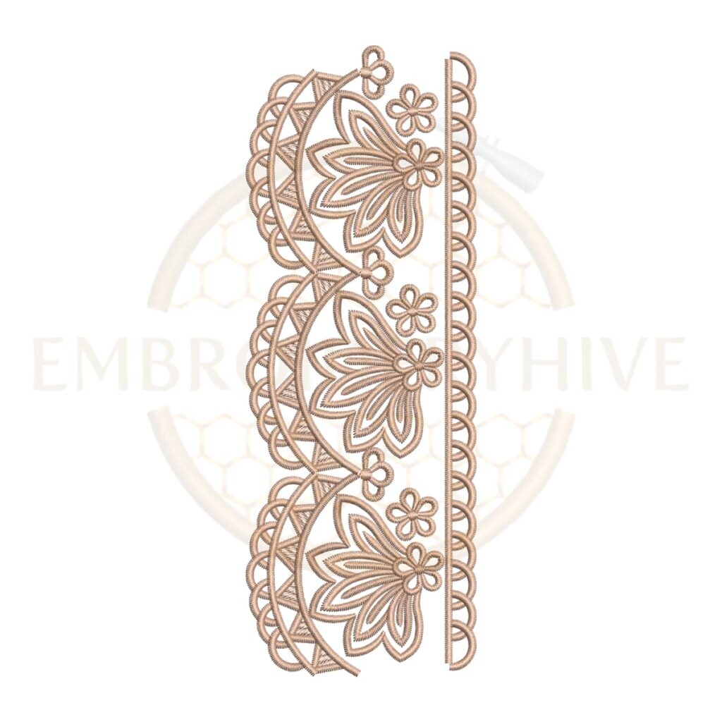 Elegant Lotus Lace border embroidery design for machine embroidery, instant download digital lace border pattern for home décor and clothing projects.