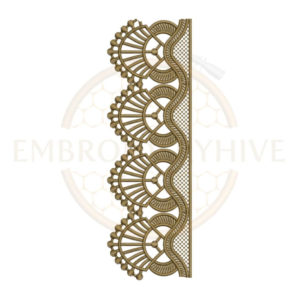Royal Fan Lace border embroidery design for machine embroidery, instant download digital lace border pattern for home décor and clothing projects.