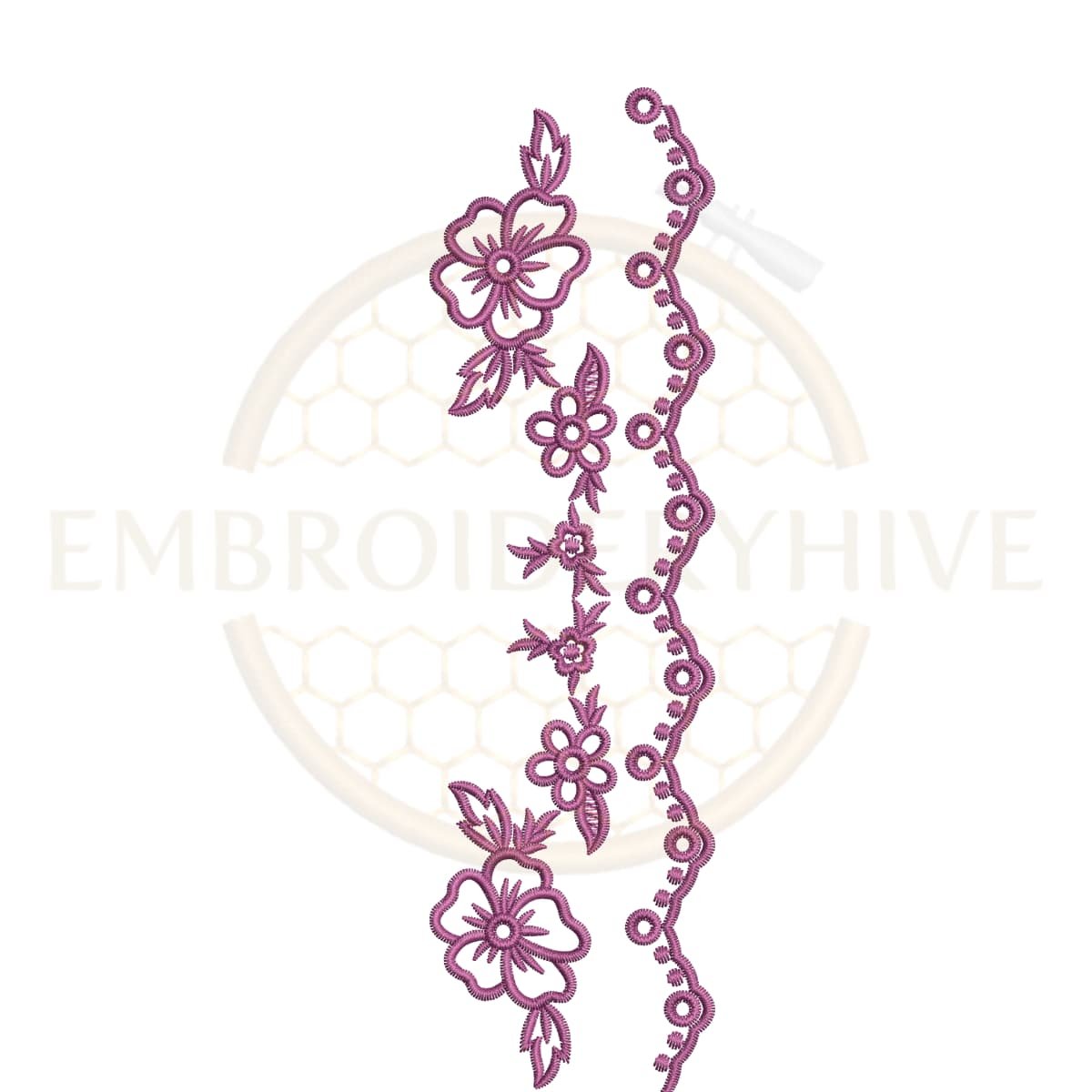 Purple Wildflower Vine border embroidery design for machine embroidery, instant download digital floral vine border pattern for home décor and clothing projects.