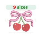 Cherry with bow embroidery design for machine embroidery featuring a pair of cherries accented with a decorative bow, available in multiple sizes as an instant digital download.