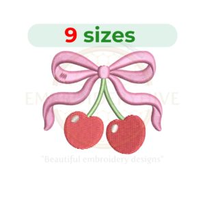 Cherry with bow embroidery design for machine embroidery featuring a pair of cherries accented with a decorative bow, available in multiple sizes as an instant digital download.
