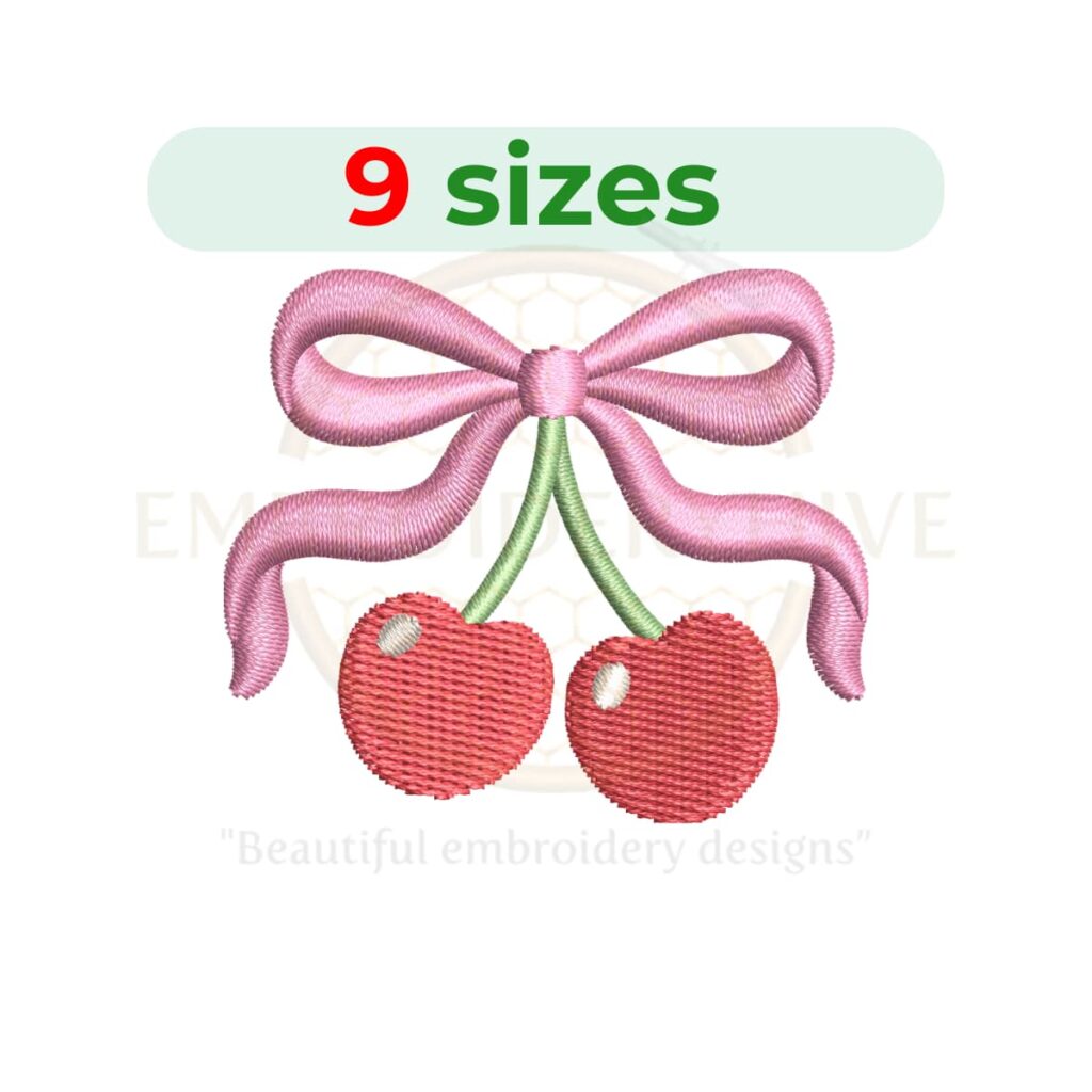 Cherry with bow embroidery design for machine embroidery featuring a pair of cherries accented with a decorative bow, available in multiple sizes as an instant digital download.