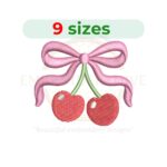 Cherry with bow embroidery design for machine embroidery featuring a pair of cherries accented with a decorative bow, available in multiple sizes as an instant digital download.