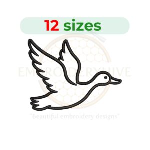 Flying Duck Outline embroidery design for machine embroidery, instant download digital file available in 12 sizes from 2 to 7.5 inches.
