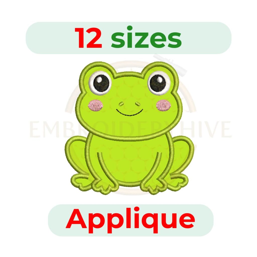 Frog Applique embroidery design for machine embroidery, instant download digital file available in 12 sizes from 2 to 7.5 inches.