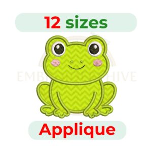 Frog Applique embroidery design for machine embroidery, instant download digital file available in 12 sizes from 2 to 7.5 inches.