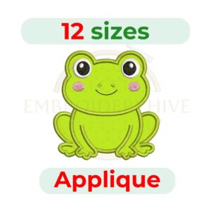 Frog Applique embroidery design for machine embroidery, instant download digital file available in 12 sizes from 2 to 7.5 inches.