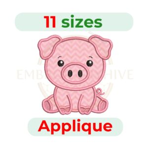 Cute Pig Applique embroidery design for machine embroidery, instant download digital file available in 11 sizes from 2.5 to 7.5 inches.