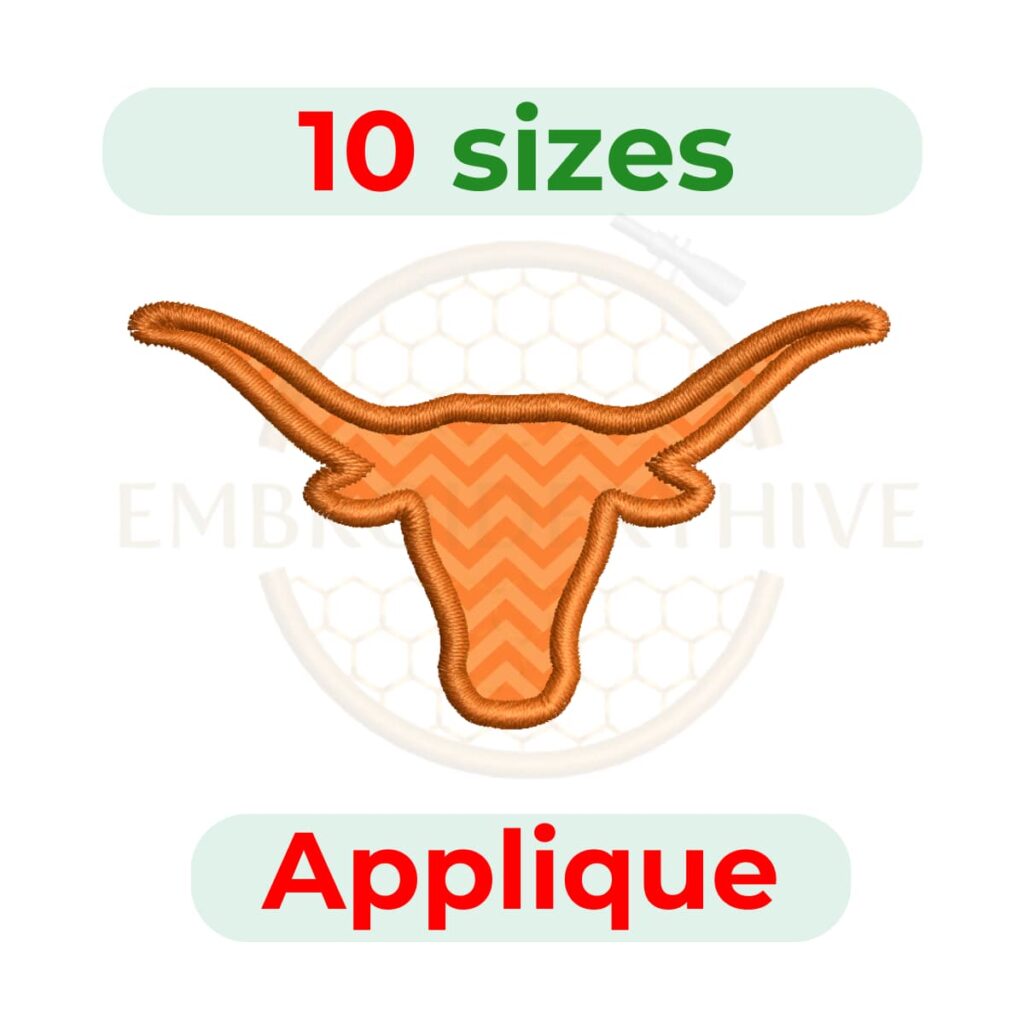 Longhorn Applique embroidery design for machine embroidery, instant download digital file available in 10 sizes from 2 to 6.5 inches.