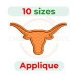 Longhorn Applique embroidery design for machine embroidery, instant download digital file available in 10 sizes from 2 to 6.5 inches.