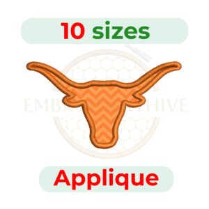 Longhorn Applique embroidery design for machine embroidery, instant download digital file available in 10 sizes from 2 to 6.5 inches.