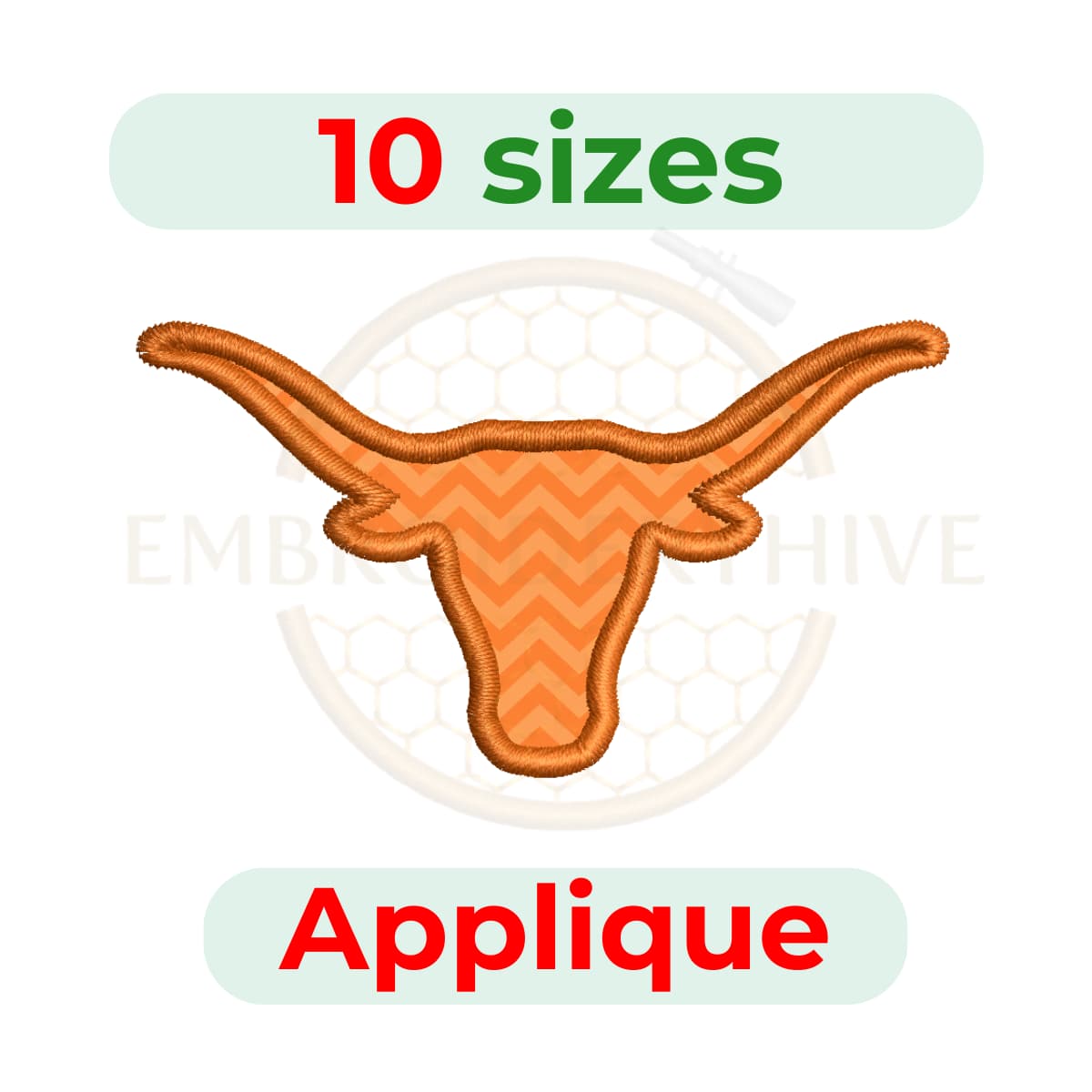 Longhorn Applique embroidery design for machine embroidery, instant download digital file available in 10 sizes from 2 to 6.5 inches.