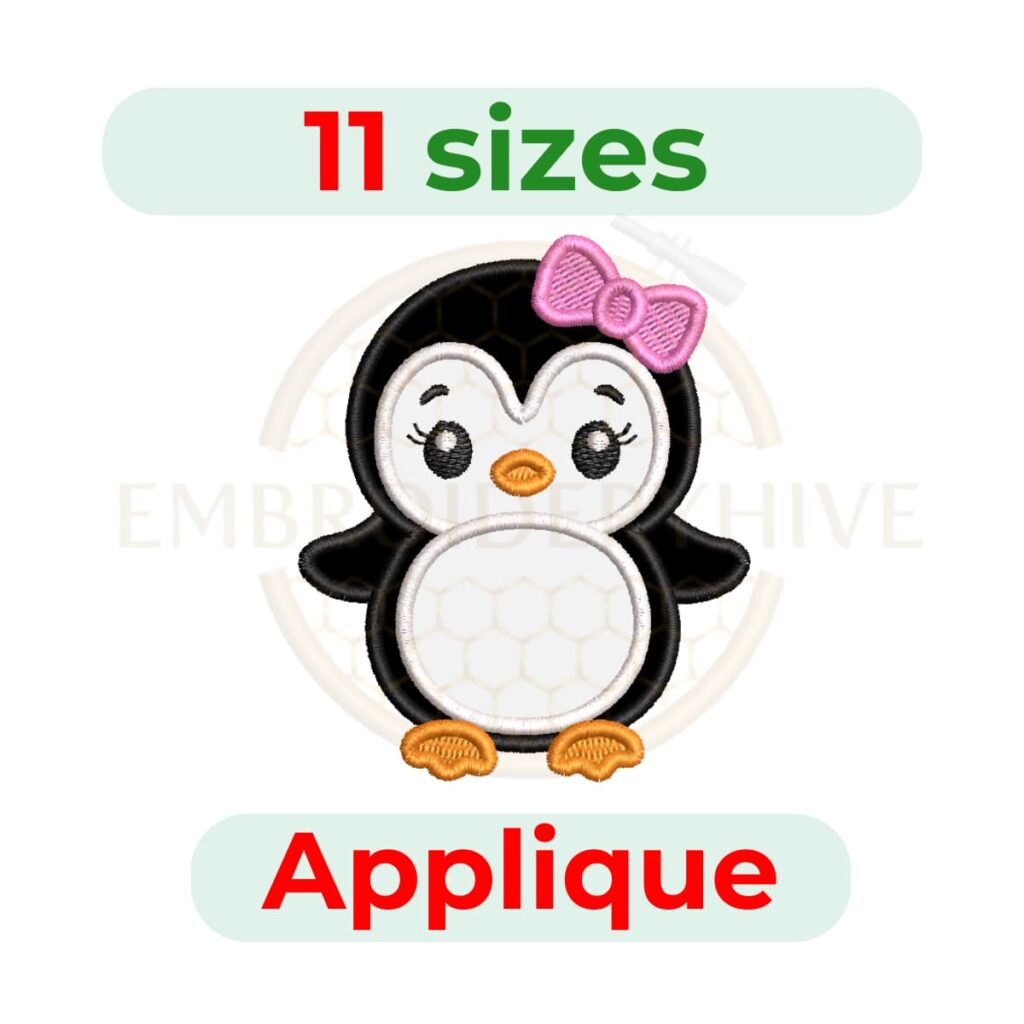 Cute girl Penguin Applique embroidery design for machine embroidery, instant download digital file available in 11 sizes from 2.5 to 7.5 inches.
