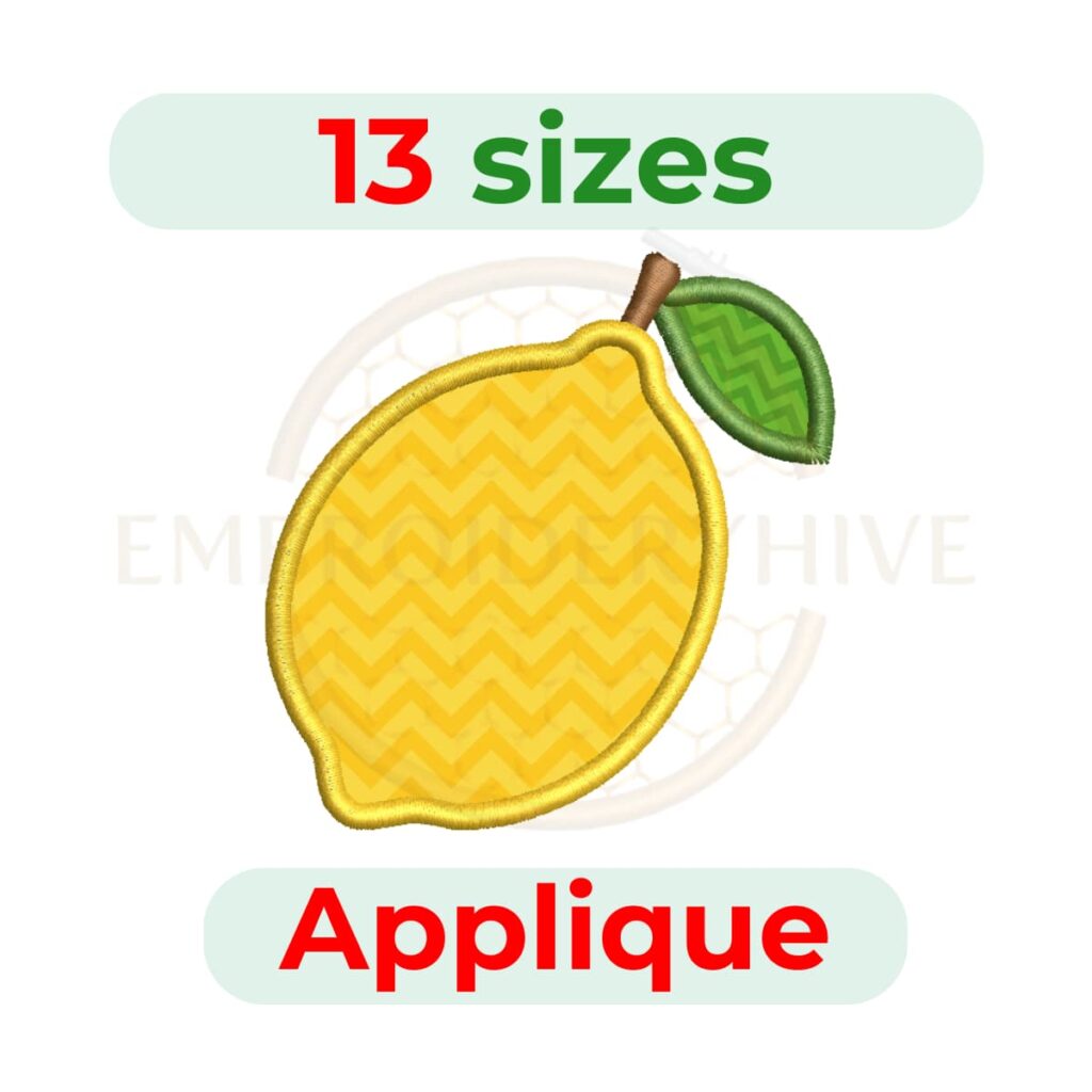 Lemon Applique embroidery design for machine embroidery, instant download digital file available in 13 sizes from 1.5 to 7.5 inches.