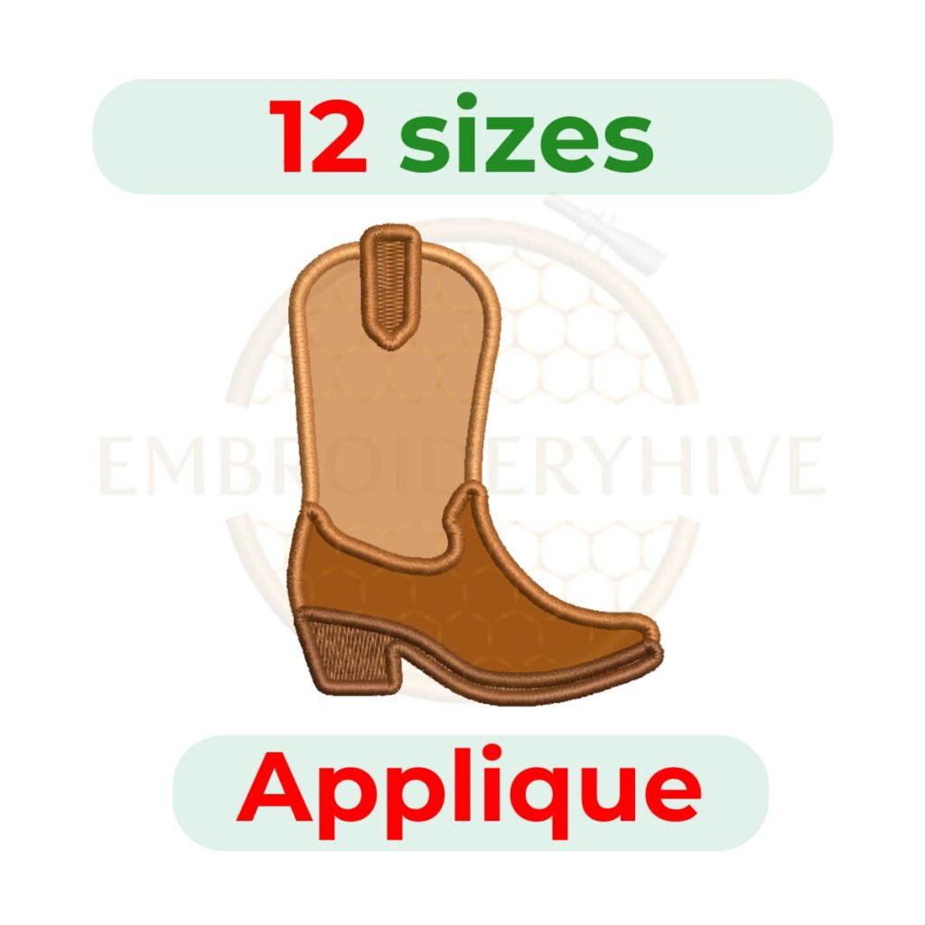 Cowboy Boot Applique embroidery design for machine embroidery, instant download digital file available in 12 sizes from 2 to 7.5 inches.