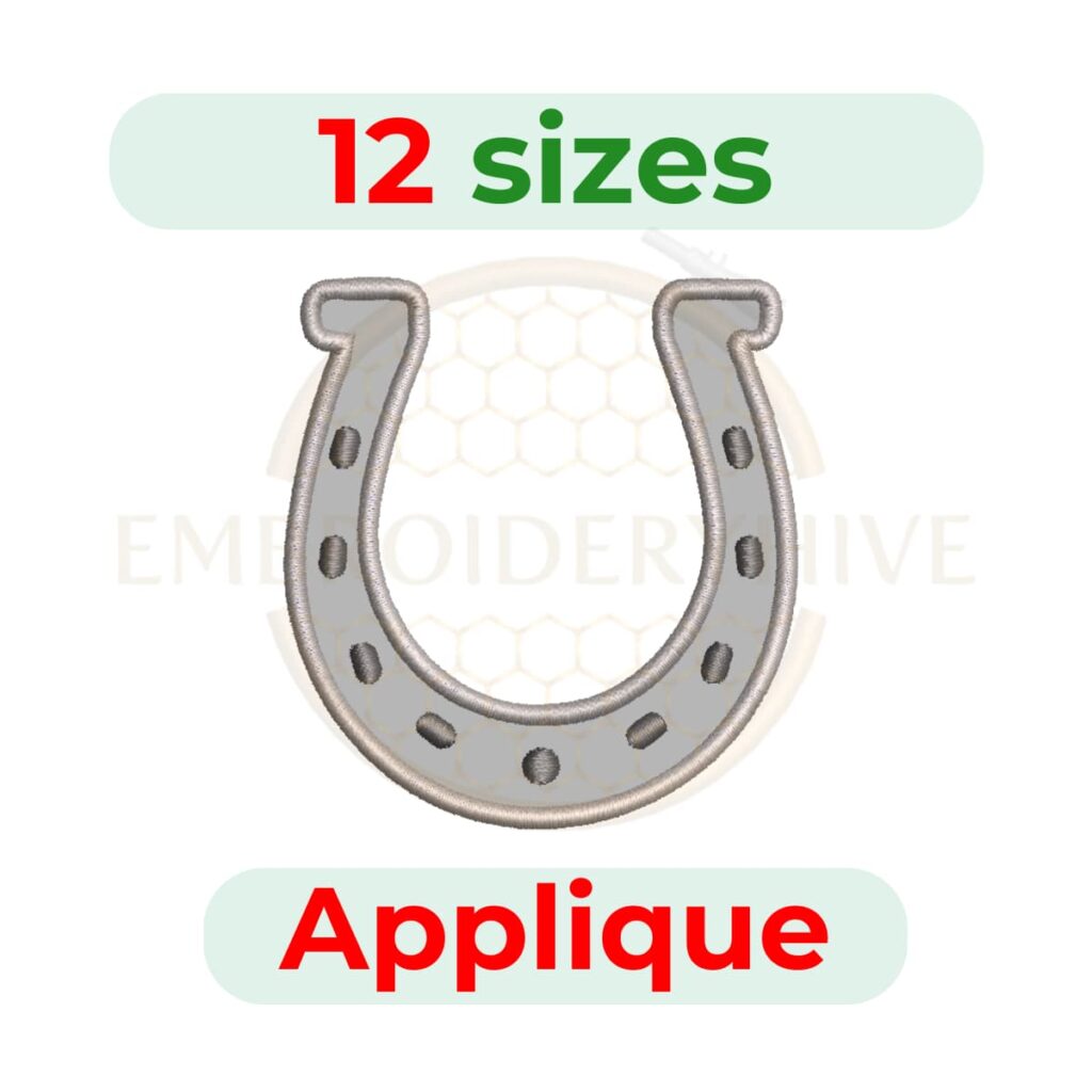 Horseshoe Applique embroidery design for machine embroidery, instant download digital file available in 12 sizes from 2 to 7.5 inches.