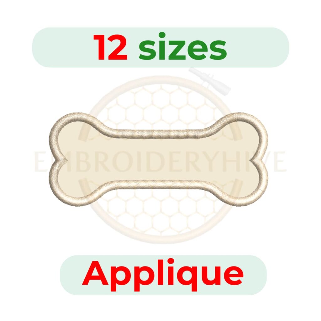 Dog Bone Applique embroidery design for machine embroidery, instant download digital file available in 12 sizes from 2 to 7.5 inches.