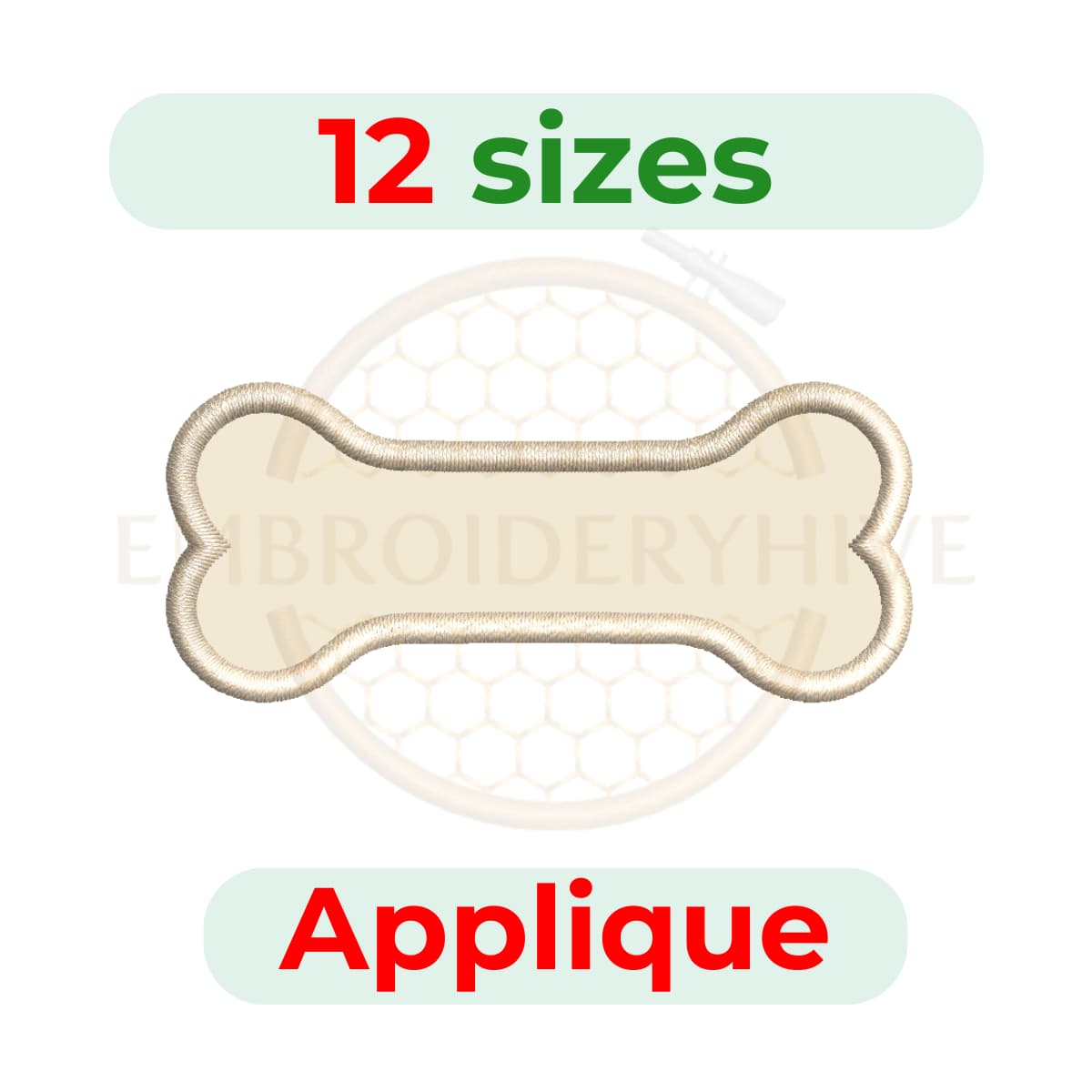 Dog Bone Applique embroidery design for machine embroidery, instant download digital file available in 12 sizes from 2 to 7.5 inches.