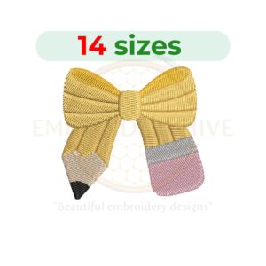 Pencil Bow embroidery design for machine embroidery, instant download digital file available in 14 sizes from 1 to 7.5 inches.