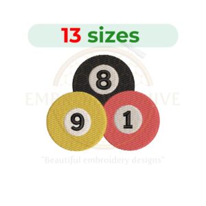 Pool balls embroidery design for machine embroidery featuring a set of billiard balls, available in multiple sizes as an instant digital download.