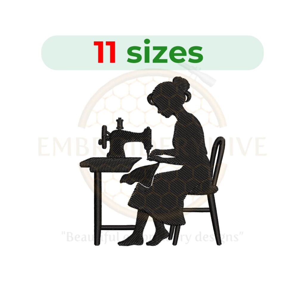 Seamstress machine embroidery design featuring sewing-themed artwork, available in 11 sizes from 2.5 to 7.5 inches. Instant digital download in DST, PES, JEF, EXP, HUS, PEC, VIP, PCS, CSD, VP3, and XXX embroidery formats.