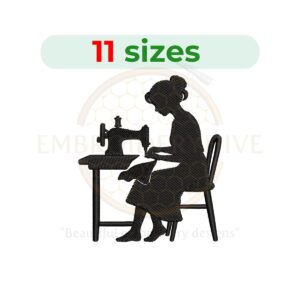Seamstress machine embroidery design featuring sewing-themed artwork, available in 11 sizes from 2.5 to 7.5 inches. Instant digital download in DST, PES, JEF, EXP, HUS, PEC, VIP, PCS, CSD, VP3, and XXX embroidery formats.