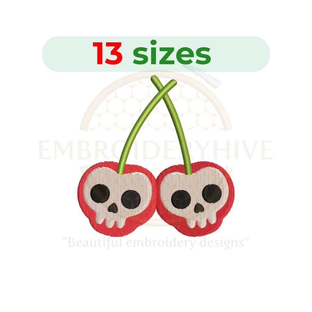 Skull Cherries machine embroidery design featuring two cherries with skull-themed details, available in 13 sizes from 1.5 to 7.5 inches for instant digital download.