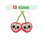 Skull Cherries machine embroidery design featuring two cherries with skull-themed details, available in 13 sizes from 1.5 to 7.5 inches for instant digital download.