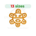 Sun Taino machine embroidery design featuring a traditional Caribbean-inspired sun symbol, available in 13 sizes from 1.5 to 7.5 inches for instant digital download.