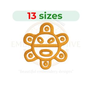 Sun Taino machine embroidery design featuring a traditional Caribbean-inspired sun symbol, available in 13 sizes from 1.5 to 7.5 inches for instant digital download.