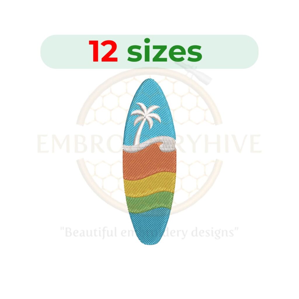 Surfboard embroidery design for machine embroidery, instant download digital file available in 12 sizes from 2 to 7.5 inches.