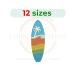 Surfboard embroidery design for machine embroidery, instant download digital file available in 12 sizes from 2 to 7.5 inches.