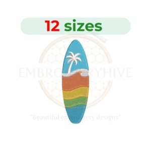 Surfboard embroidery design for machine embroidery, instant download digital file available in 12 sizes from 2 to 7.5 inches.