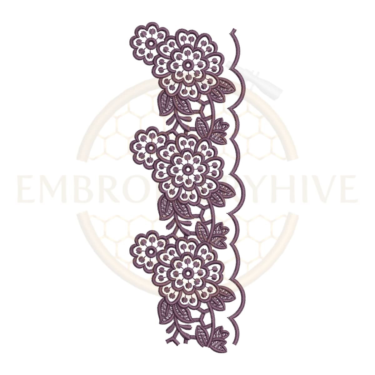 Blooming Flower border embroidery design (E-1153) machine embroidery lace pattern for tablecloths, pillow covers, bedsheets, curtains, towels, dresses, kurtis, kaftans, and home décor. Digital download in multiple embroidery formats.