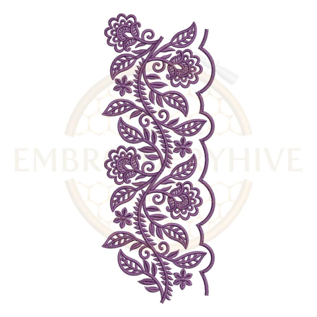 Border Embroidery Design Botanical Vine Lace Edge (E-1143) digital machine embroidery pattern for tablecloths, bedsheets, pillow covers, curtains, towels, dresses, kurtis, and home décor projects.