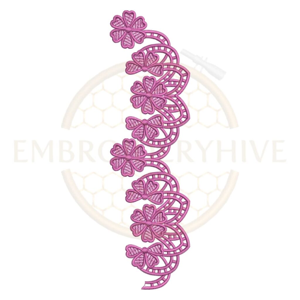 Butterfly Blossom Lace (E-1130) floral border embroidery design for tablecloths, pillow covers, curtains, dresses, and home décor. Digital machine embroidery pattern measuring 2.15 × 7.45 inches (55 × 189 mm). Instant download in DST, PES, JEF, EXP, HUS, PEC, VIP, PCS, CSD, VP3, and XXX formats.