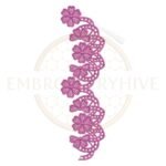 Butterfly Blossom Lace (E-1130) floral border embroidery design for tablecloths, pillow covers, curtains, dresses, and home décor. Digital machine embroidery pattern measuring 2.15 × 7.45 inches (55 × 189 mm). Instant download in DST, PES, JEF, EXP, HUS, PEC, VIP, PCS, CSD, VP3, and XXX formats.