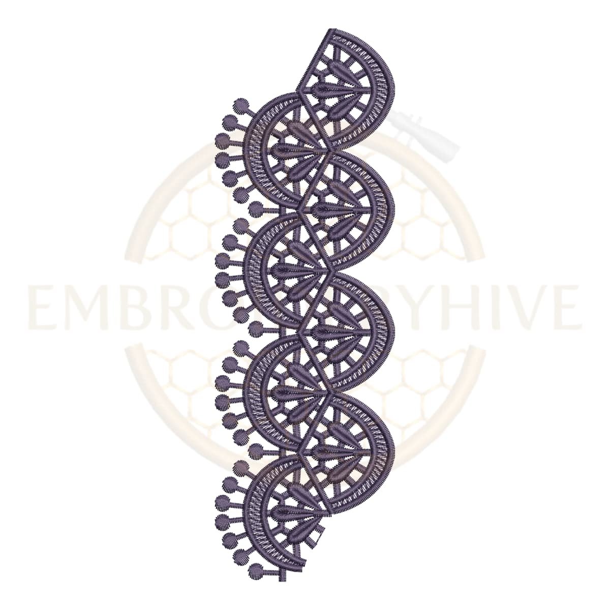 Half Fan Lace border embroidery design (E-1171) machine embroidery lace pattern for tablecloths, bedsheets, pillow covers, curtains, towels, dresses, kurtis, kaftans, and home décor. Digital download in multiple embroidery formats.