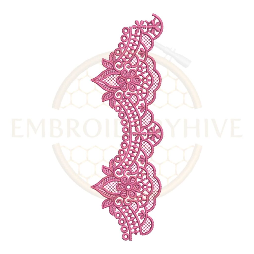Border Embroidery Design Ornamental Paisley Scallop Lace (E-1145) digital machine embroidery pattern for tablecloths, bedsheets, pillow covers, curtains, towels, dresses, kurtis, and home décor projects.