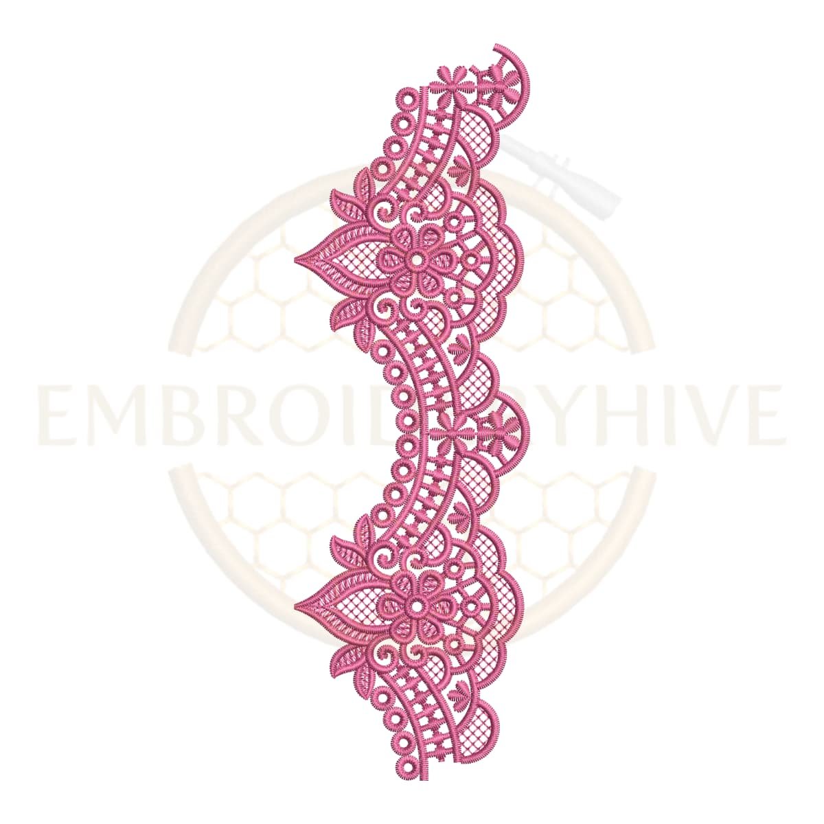 Border Embroidery Design Ornamental Paisley Scallop Lace (E-1145) digital machine embroidery pattern for tablecloths, bedsheets, pillow covers, curtains, towels, dresses, kurtis, and home décor projects.