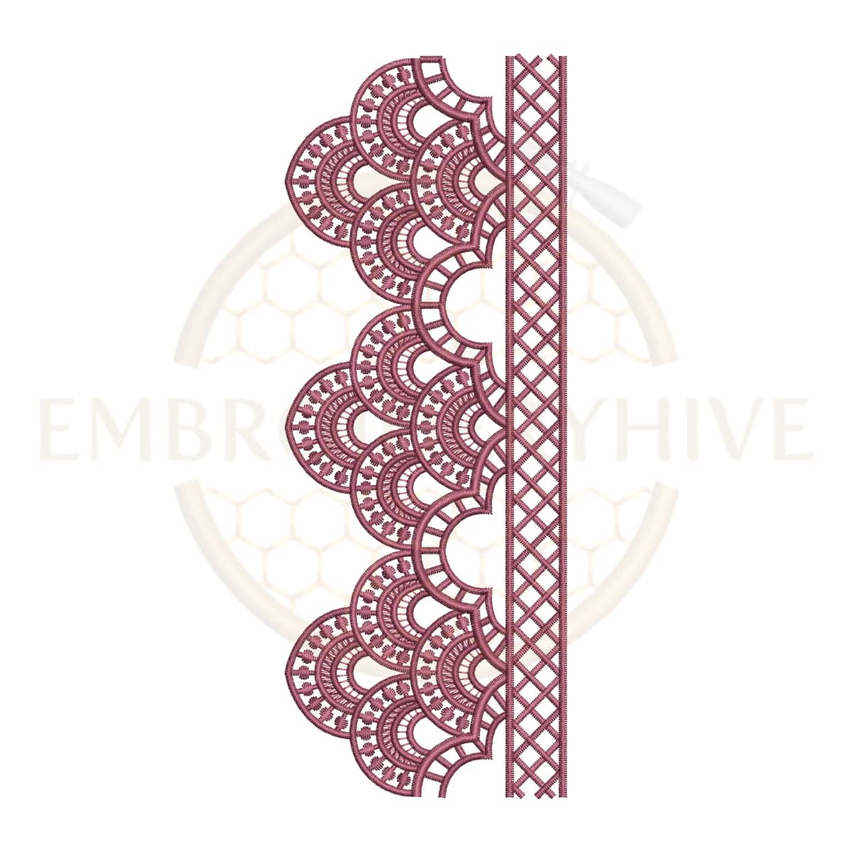 Scallop Fan Lace border embroidery design (E-1173) machine embroidery lace pattern for tablecloths, bedsheets, pillow covers, curtains, towels, dresses, kurtis, kaftans, and home décor. Digital download in multiple embroidery formats.
